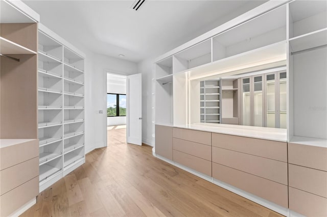 spacious closet with visible vents and light wood-style floors