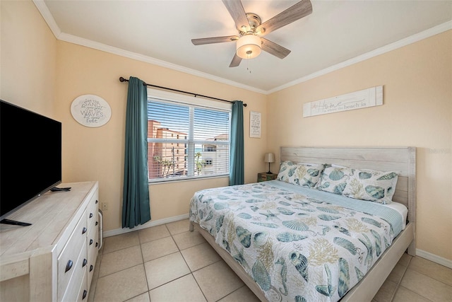 bedroom featuring ceiling fan, light tile floors, and crown molding