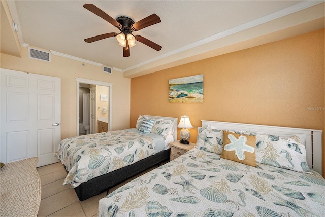 bedroom with ornamental molding, visible vents, and a ceiling fan