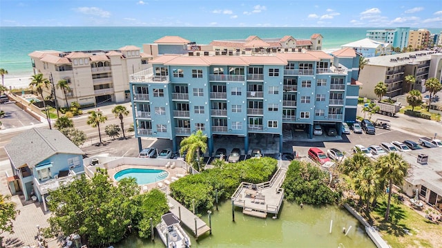 drone / aerial view with a water view