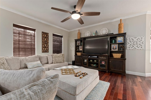 living room with ceiling fan, dark hardwood / wood-style flooring, and ornamental molding