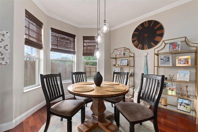 dining space featuring crown molding, dark wood-type flooring, and a wealth of natural light