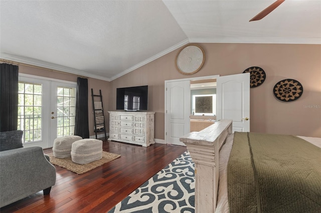 bedroom with access to exterior, french doors, ceiling fan, dark wood-type flooring, and lofted ceiling