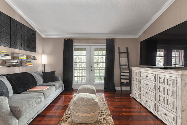 living room featuring french doors, dark hardwood / wood-style floors, and crown molding