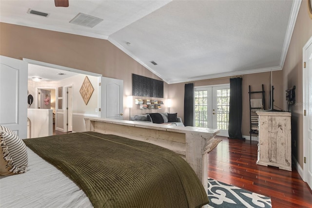 bedroom featuring french doors, crown molding, dark hardwood / wood-style floors, access to exterior, and a textured ceiling