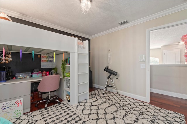 office area featuring hardwood / wood-style floors, a textured ceiling, and ornamental molding