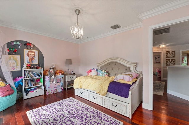 bedroom with ornamental molding, an inviting chandelier, and dark wood-type flooring