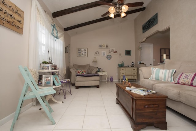 living area featuring high vaulted ceiling, beam ceiling, ceiling fan, and tile patterned floors