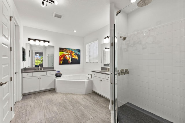 bathroom featuring vanity and separate shower and tub