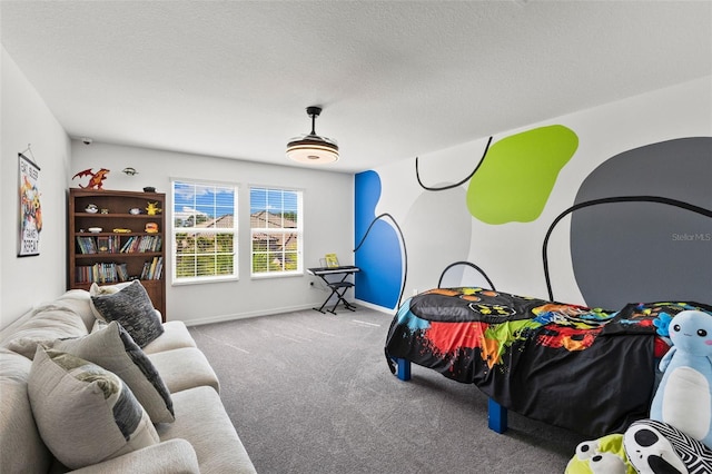 carpeted bedroom with a textured ceiling