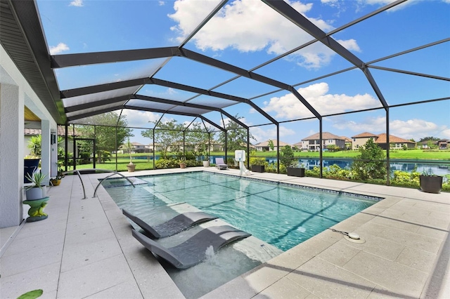 view of swimming pool with a lanai, a water view, and a patio