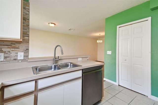 kitchen featuring stainless steel dishwasher, white cabinets, backsplash, pendant lighting, and sink