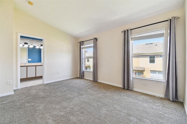 carpeted spare room with a wealth of natural light and lofted ceiling