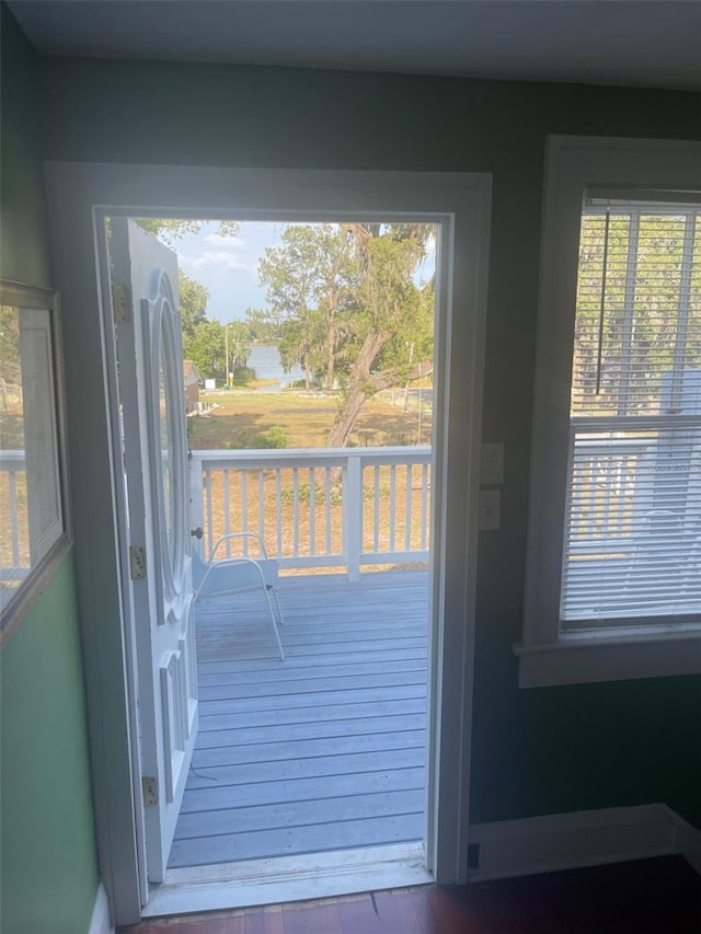 doorway with a wealth of natural light and hardwood / wood-style flooring