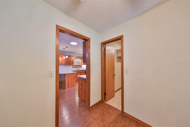 corridor featuring light hardwood / wood-style floors, sink, and a textured ceiling