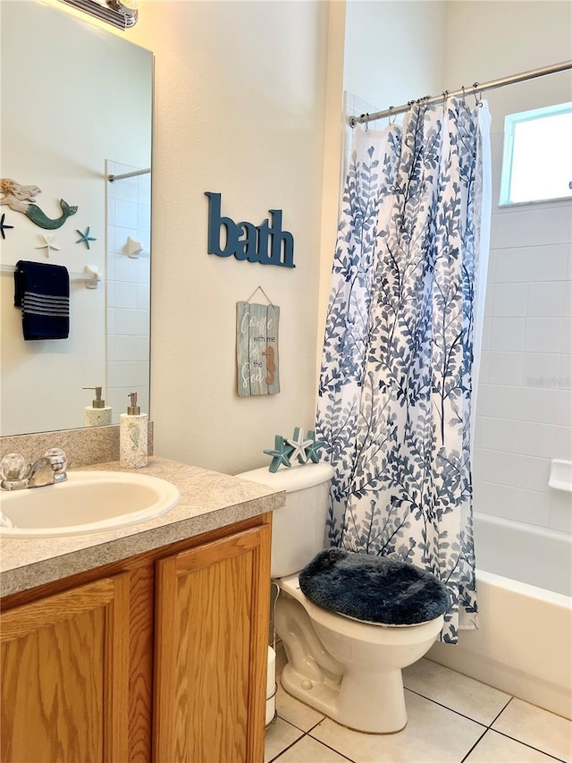 full bathroom with toilet, vanity, tile patterned floors, and shower / tub combo with curtain