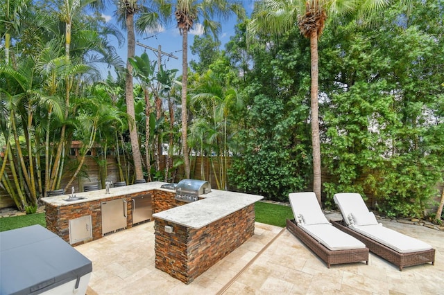 view of terrace with an outdoor kitchen and grilling area