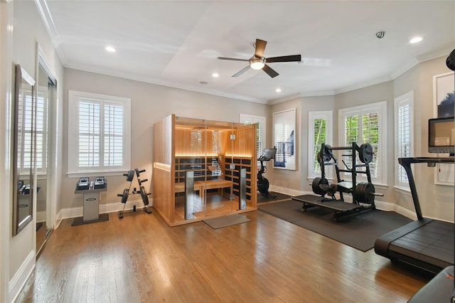 workout room with ceiling fan, crown molding, and hardwood / wood-style flooring