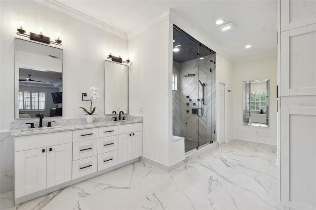 bathroom with an enclosed shower, tile flooring, ceiling fan, and double sink vanity