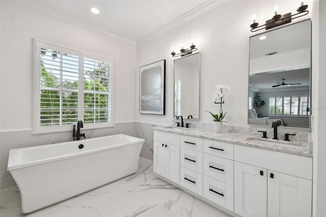 bathroom featuring ceiling fan, tile flooring, double sink vanity, and ornamental molding