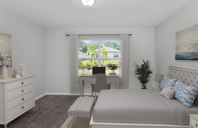 bedroom featuring dark colored carpet