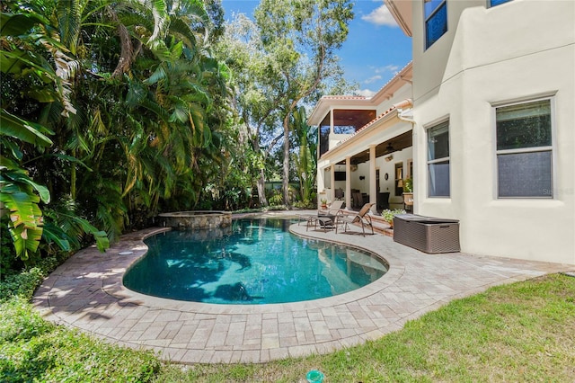 view of pool featuring a patio and ceiling fan