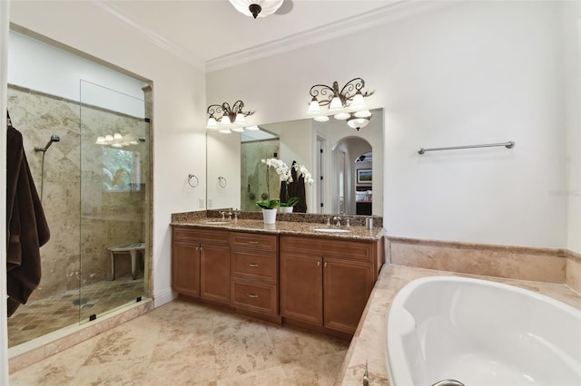 bathroom with crown molding, vanity, and plus walk in shower