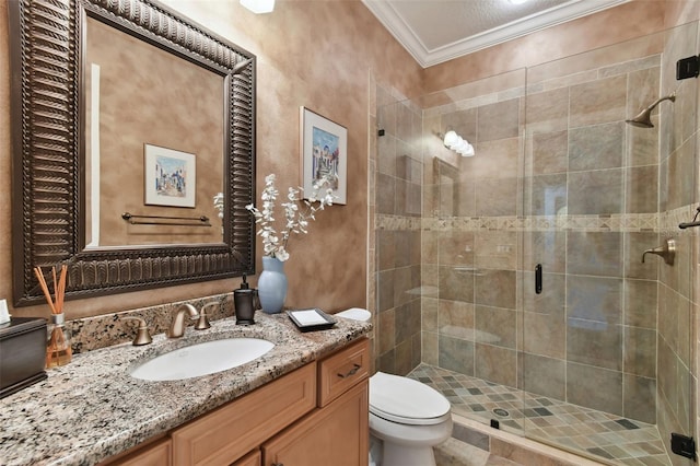 bathroom with ornamental molding, toilet, an enclosed shower, and vanity