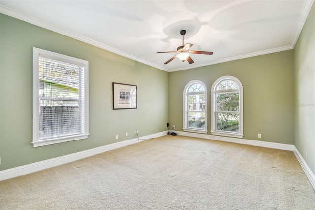 spare room with ornamental molding, carpet, and baseboards