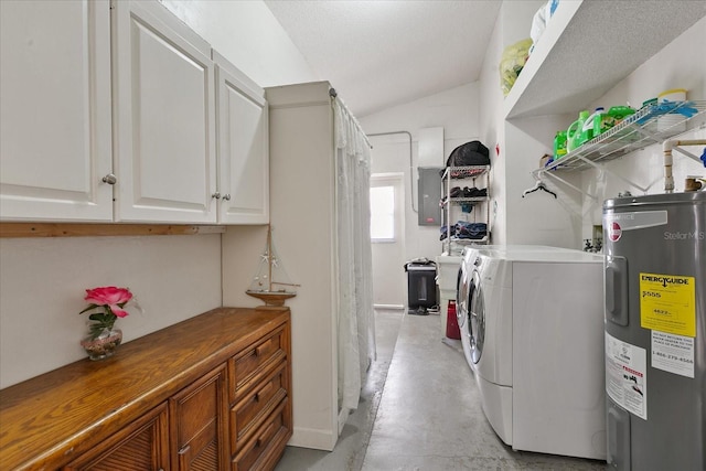 laundry room featuring cabinets, electric water heater, electric panel, and washing machine and clothes dryer