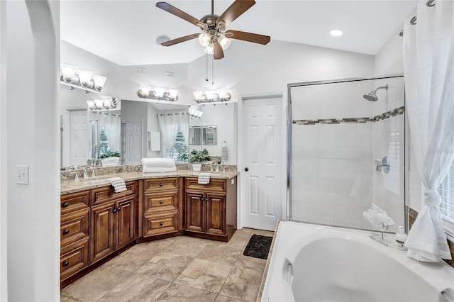 805 Woodcarver Ln, Brandon, FL 33510 - bathroom with a ceiling fan, a tile shower, double vanity, a bath, and vaulted ceiling