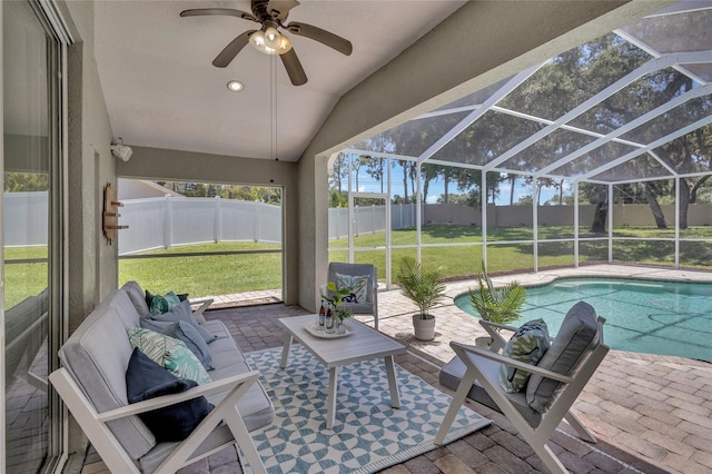 805 Woodcarver Ln, Brandon, FL 33510 - sunroom featuring ceiling fan, an outdoor living space, vaulted ceiling, and a pool