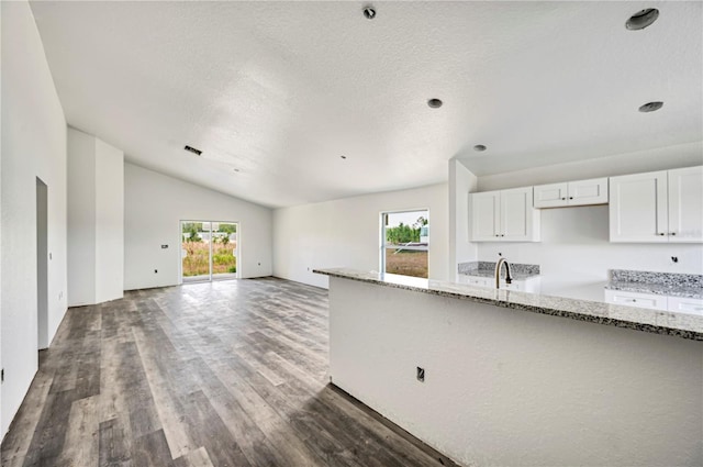 kitchen featuring light stone countertops, white cabinetry, vaulted ceiling, and plenty of natural light