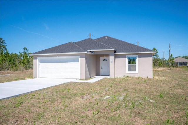 ranch-style house with a garage, a shingled roof, driveway, stucco siding, and a front lawn