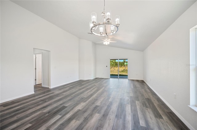 unfurnished living room with dark wood-style floors, high vaulted ceiling, ceiling fan with notable chandelier, and baseboards