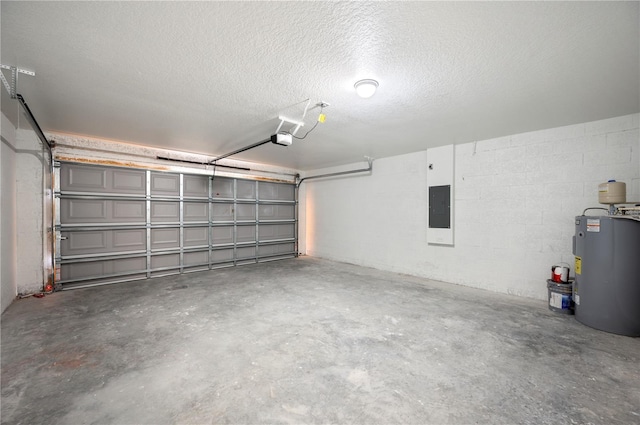 garage featuring electric panel, concrete block wall, electric water heater, and a garage door opener