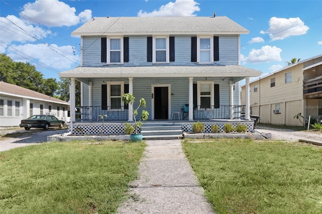 view of front of property featuring a front yard and covered porch