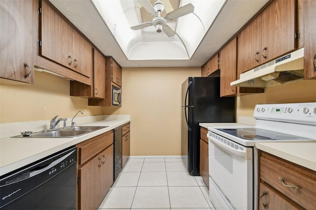 kitchen featuring sink, ceiling fan, black dishwasher, white electric range oven, and light tile patterned flooring