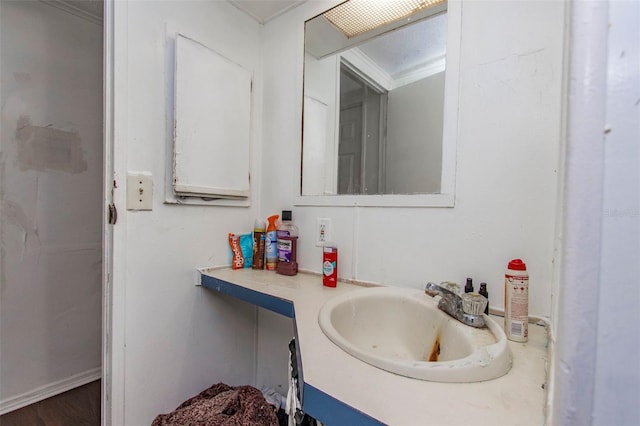 bathroom with vanity and crown molding