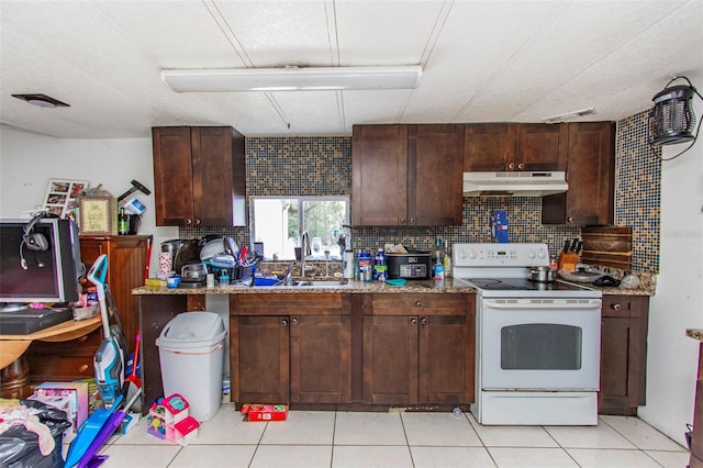 kitchen featuring tasteful backsplash, dark brown cabinets, sink, and white electric range