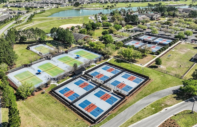 bird's eye view with a water view