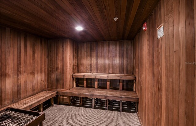 view of sauna / steam room with wood ceiling and wooden walls