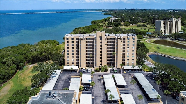 bird's eye view with a water view