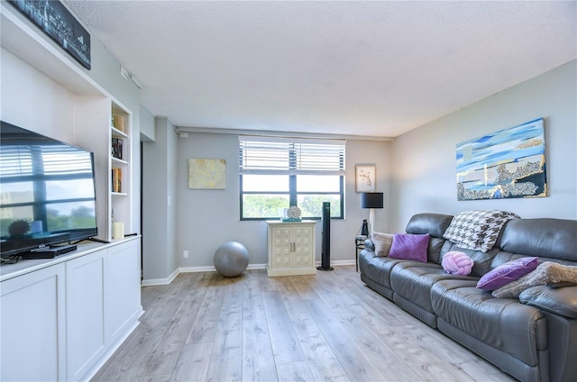 living room with a textured ceiling and light wood-type flooring