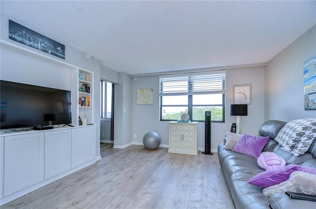 living room with a textured ceiling and light hardwood / wood-style floors