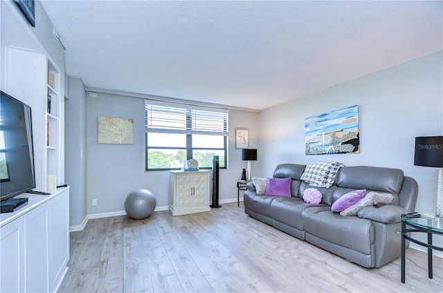 living room with light hardwood / wood-style flooring and a textured ceiling