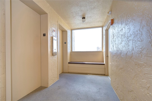 hall featuring light carpet, a textured ceiling, and elevator