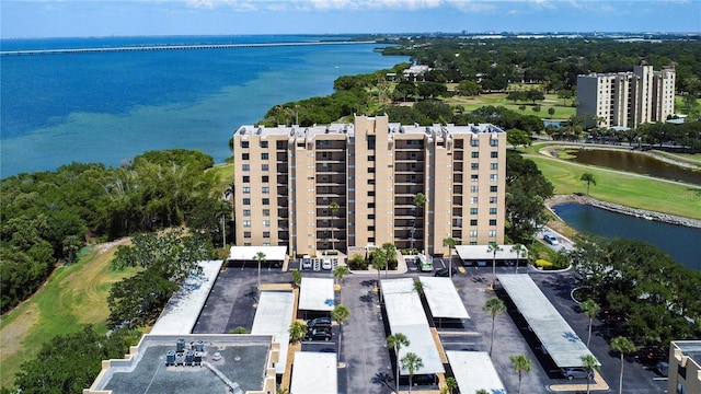 bird's eye view with a water view