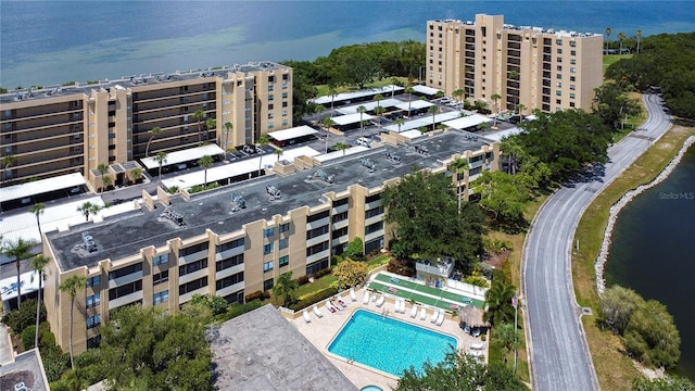 drone / aerial view featuring a water view