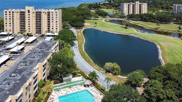 drone / aerial view with a water view